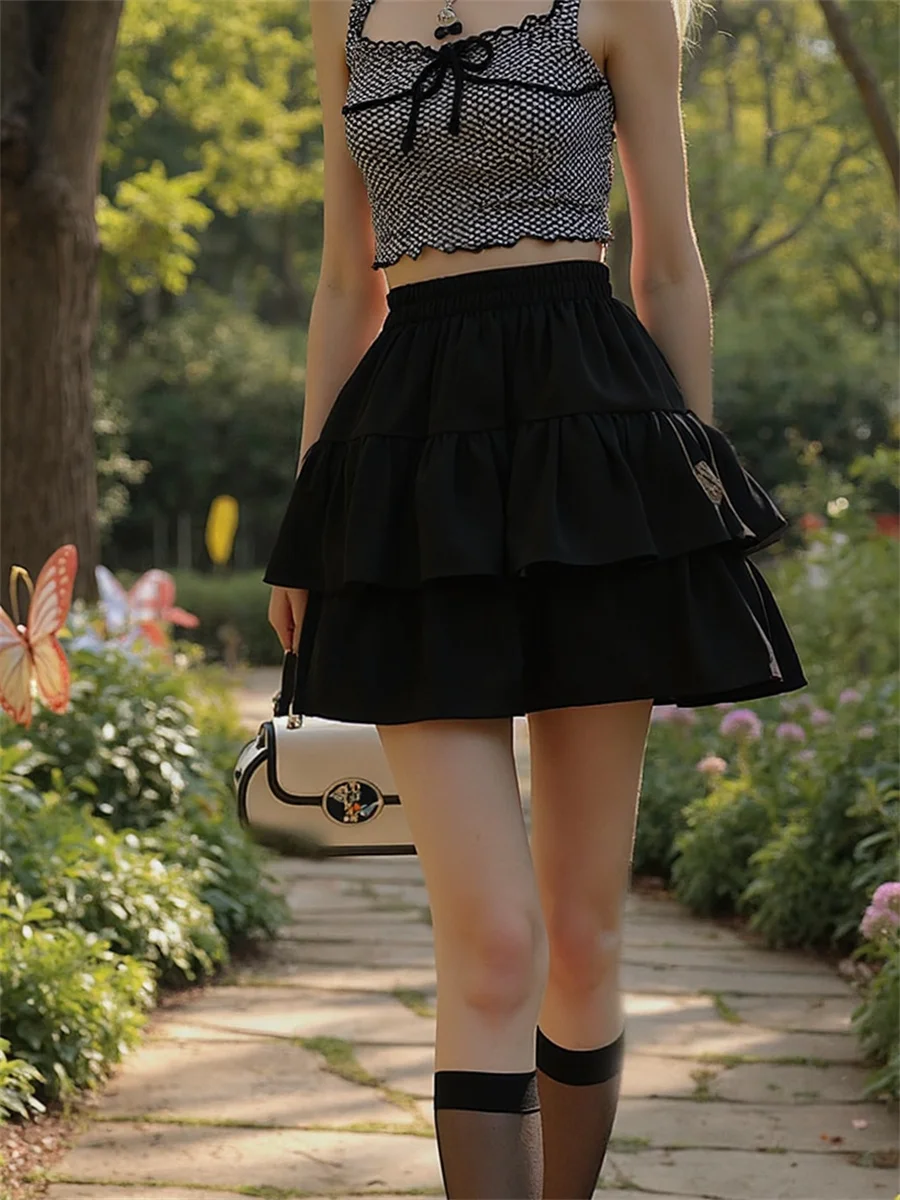 

Mini Ruffled Cake Skirts Womens Double Layered Mesh Patchwork Elastic Waist Pleated Stripe Artistic Comfortable College Pleat