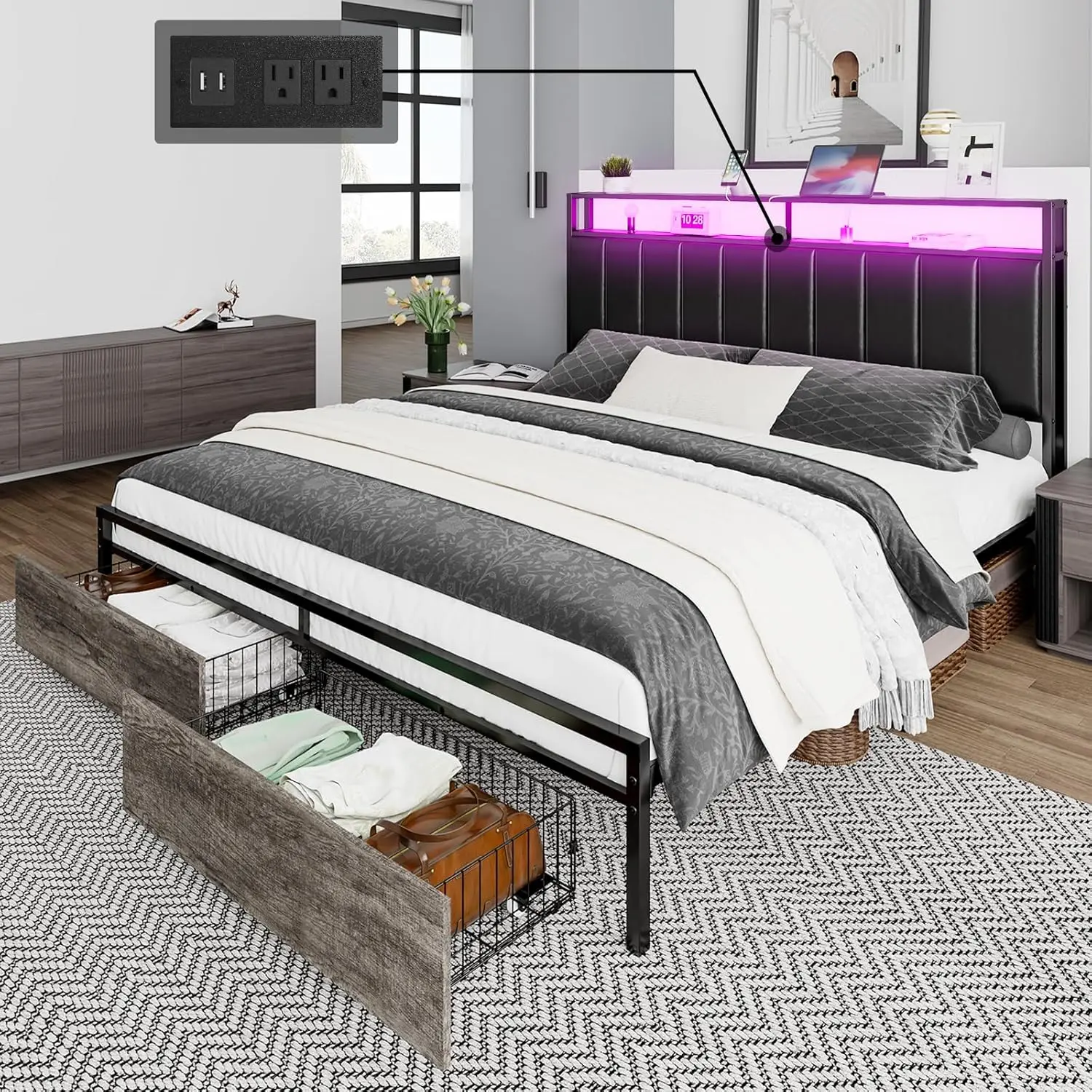 

Queen Bed Frame with 2 Storage Drawers, 2-Tier Storage PU Headboard with Charging Station& LED Lights, Metal Platform Bed/No Box