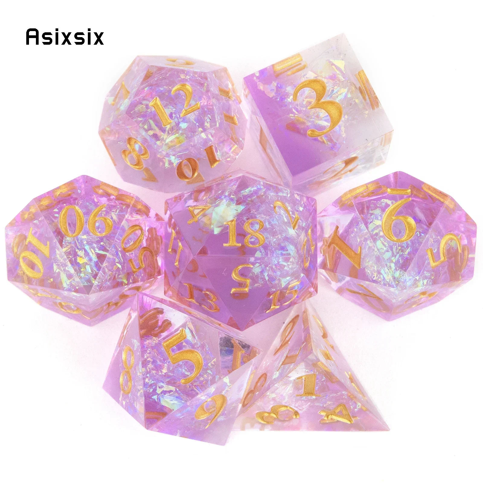 

7 Pcs Pink Resin Golden Number Sharp Edge Dice Polyhedral Dice Suitable For Role-Playing RPG Gift