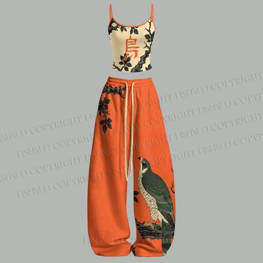 Japanese Ukiyo e Bird Top Elasticated Trousers Two Piece Set Outfit Yoga Fitness Women Suit