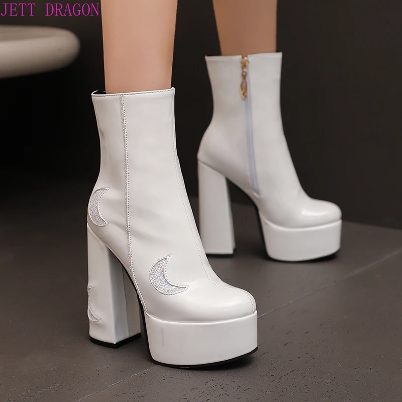 

Plus Size Sequined Fabric Patchwork Patent Leather High-Heeled Short Boots Platform Zipper Sweet Height Increasing Boots