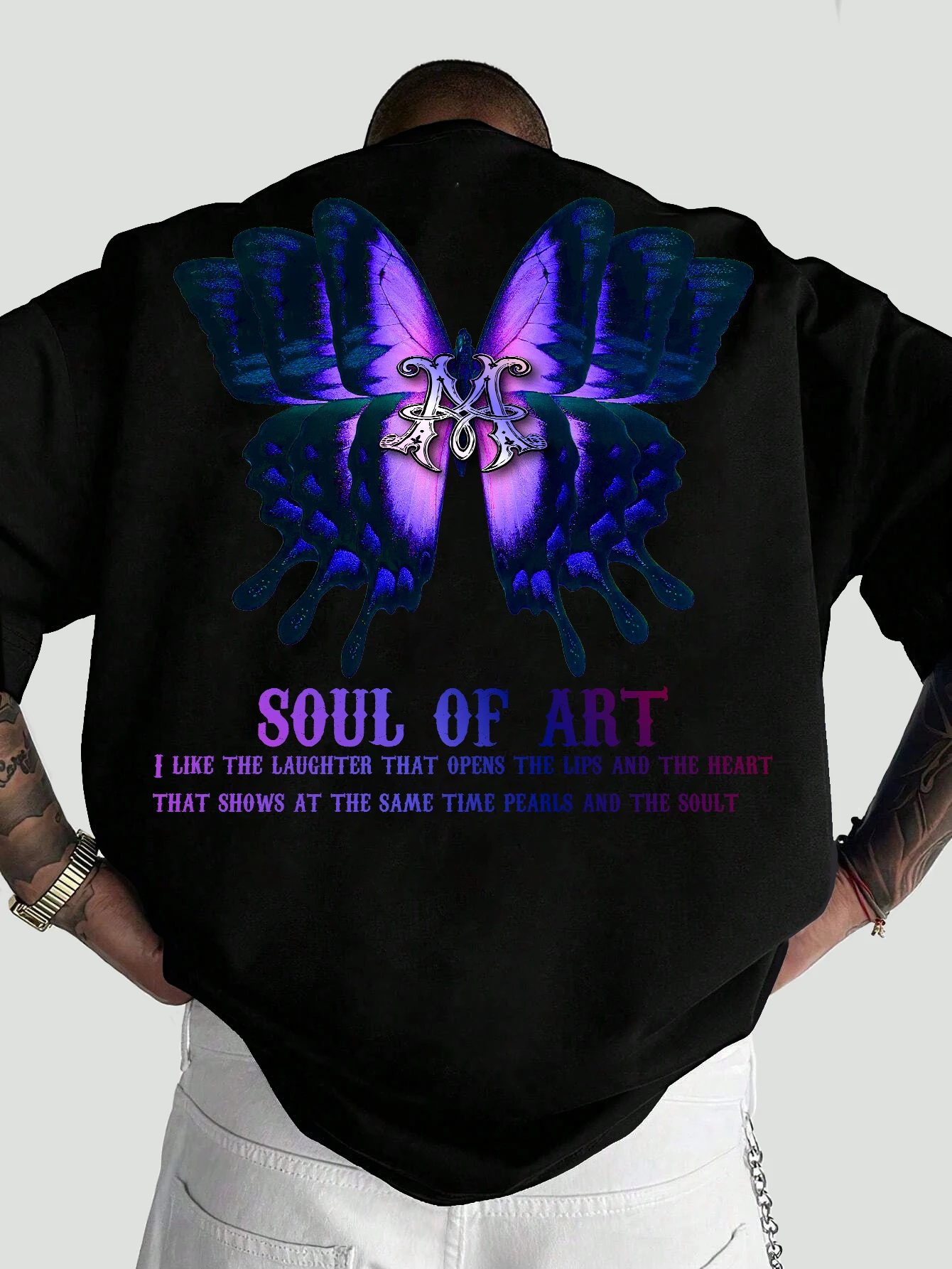 Men Oversized T-Shirt Gradient Drip Butterfly Monogram Soul Of Art Letter Quote Back Print Y2K Streetwear Loose Tee