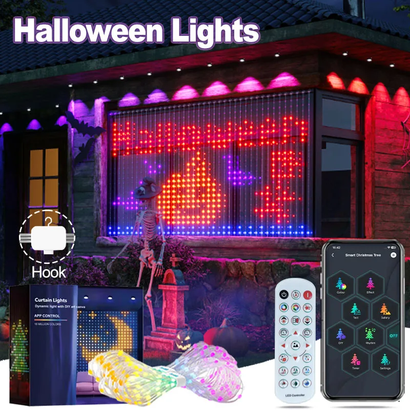 ハロウィン＆クリスマスライト-スマート400-ledカーテンライト-アプリ制御付き、防水屋外ストリングフェアリーライト-ハウスデコレーション用