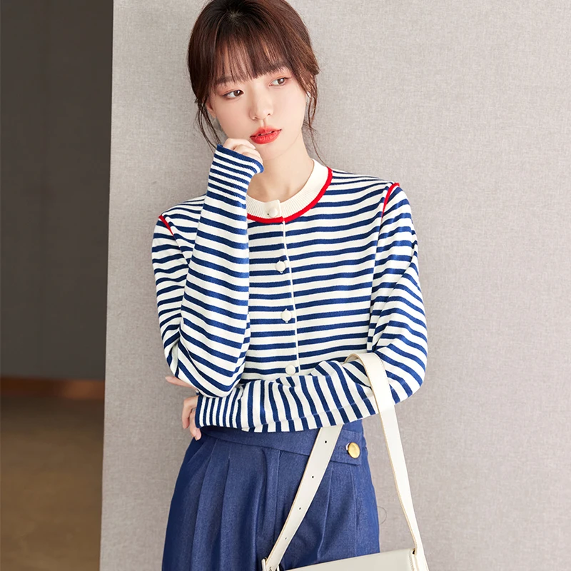 Women Fashion Blue Stripe Knitted Sweater Cardigan Autumn Winter Elegant Chic Slim Casual French Style Tops Knitwear Lady D2832