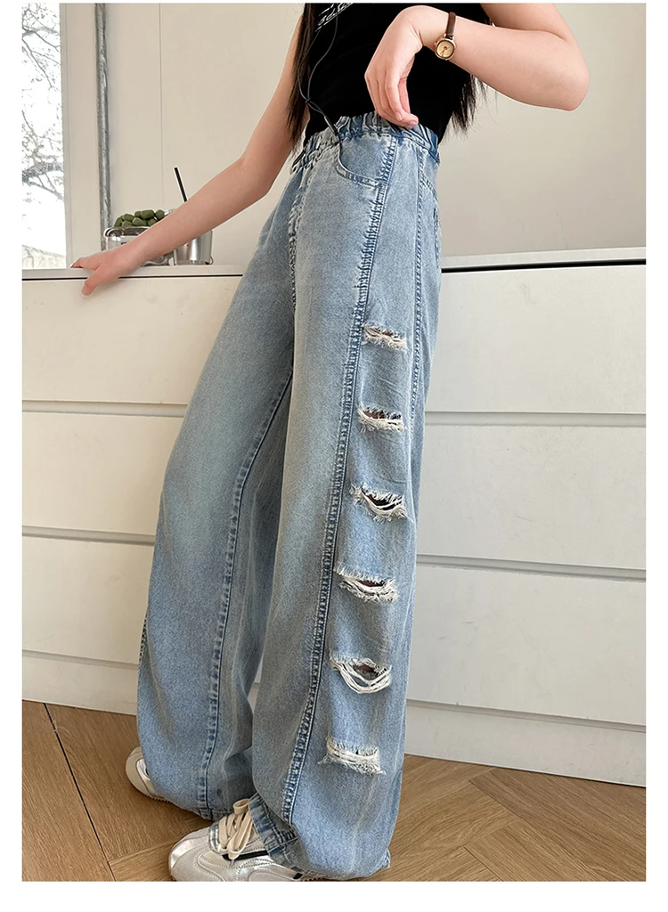 Jeans für Teenager-Mädchen mit seitlichen Löchern, lässige Mode, Sommer, Kinder, weites Bein, zerrissene Jeanshosen, Schulhosen aus Denim, 10-12 Jahre – Detail 4
