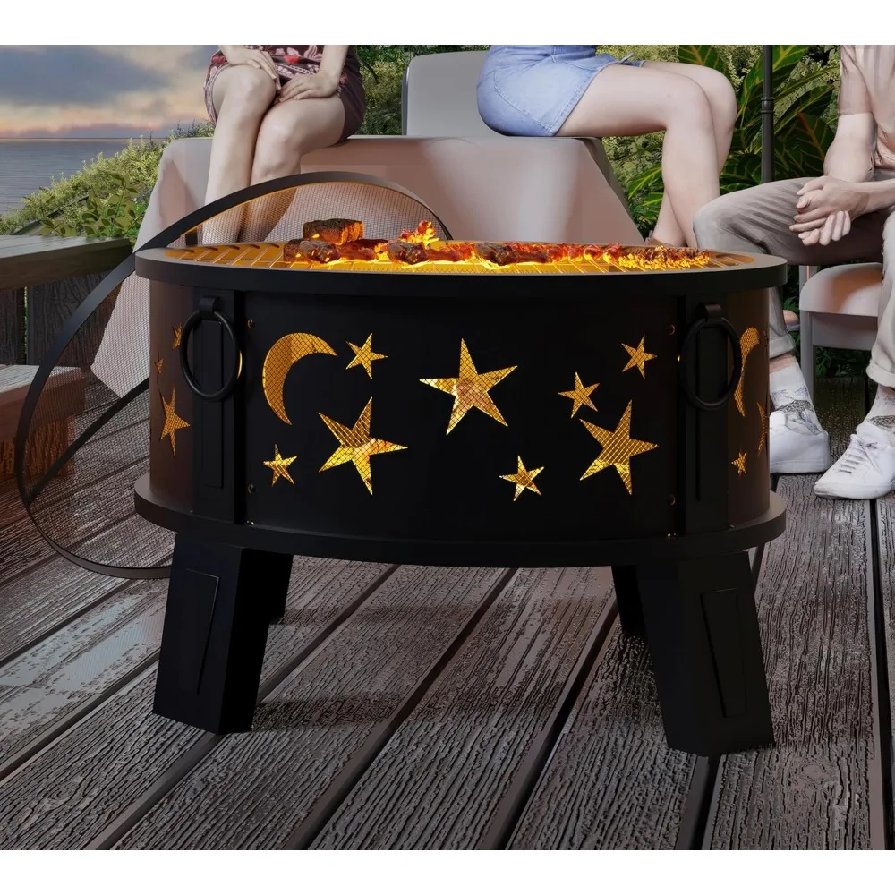 

Outdoor Fire Pit with Grill and Mesh Cover, Wood-Burning Steel Fire Pit, Heavy-Duty Patio, Complete with Poker and Star Spark Sc
