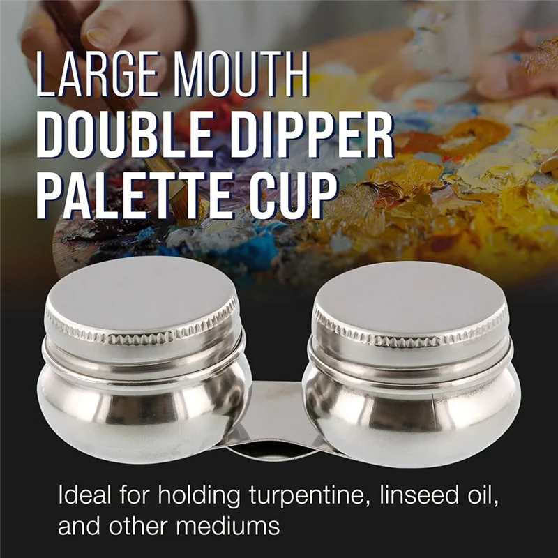 

Palette Cup With Lid, Stainless Steel Double Dipper Oil Painting Pot Container, No Leakage, Can Clip On Palette 2Pack