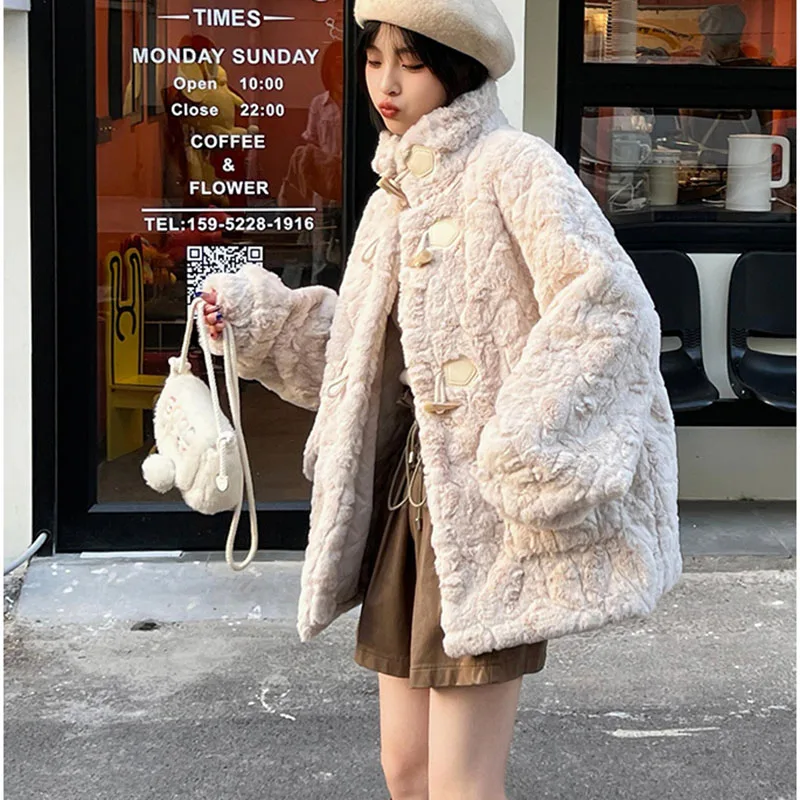 Winter Lamb Wool Coat Women\'s Korean New Faux Rabbit Velvet Corner Buckle Furry Outercoat Long Sleeve Warm Fur Jacket Female Top