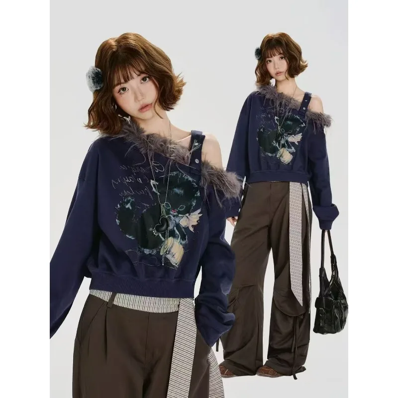 

Top Sweatshirt Women's Autumn American Retro Printed Fur Collar Printed Off-Shoulder Long Sleeves Designer Cropped Loose Fit New