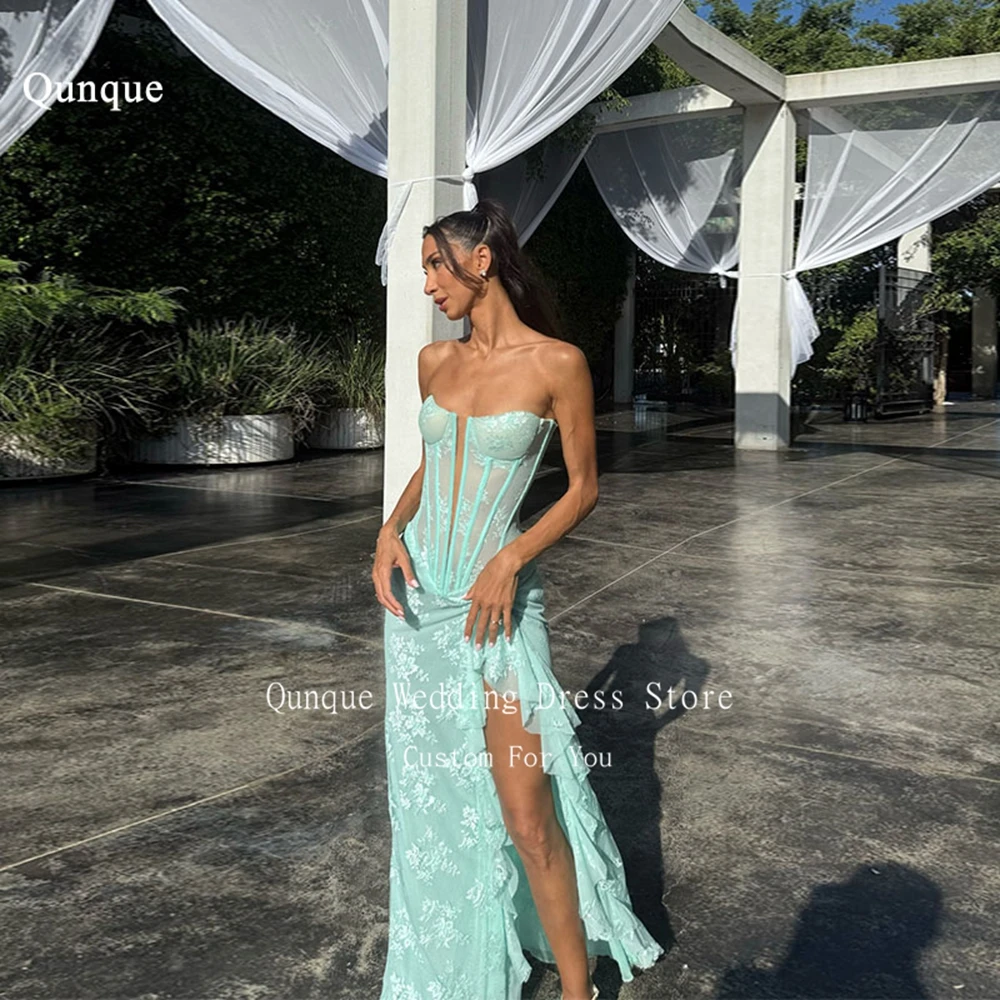 

Qunque Mint Green Tulle Off Shoulder Prom Dresses Sexy High Split Robes De Soirée Lace Ruffles Mermaid Evening Gowns Customized