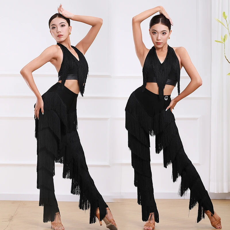 

2025 Women Latin Dance Pants Set Black Fringe Top Sexy Latin Performance Wear Cha Cha Rumba Salsa Costume Training Clothes 4666