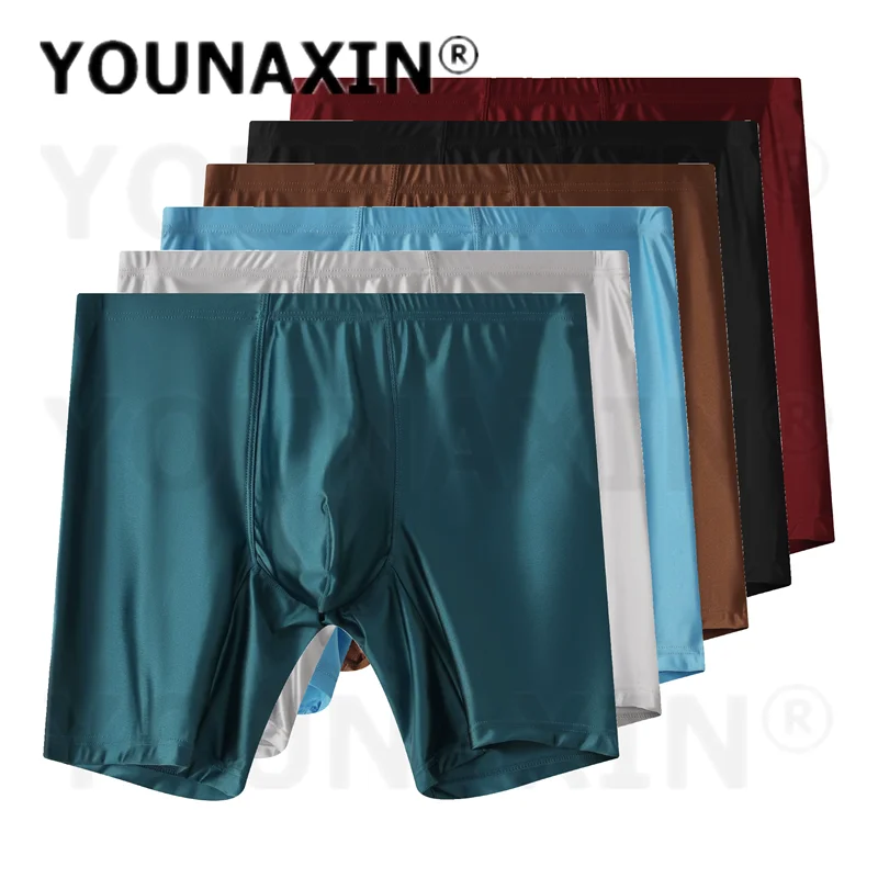 6 Pieces Men's Ice Silk Sexy Boxer Briefs Breathable Long Leg Indoor Yoga Fitness Running Sports Underwear M L XL 2XL