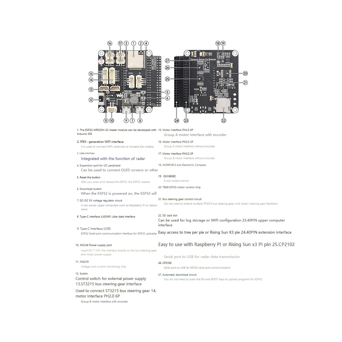 Waveshare General Driver Board for Robots Based on ESP32 Multi-Function Interface Driver Board Supports WIFI Bluetooth ESP-NOW