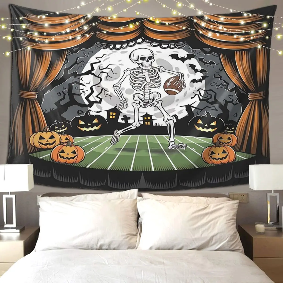 Halloween Skeleton With Ball And Pumpkins Tapestry Art Wall Hanging Aesthetic Home Decoration Tapestries for Living Room Bedroom