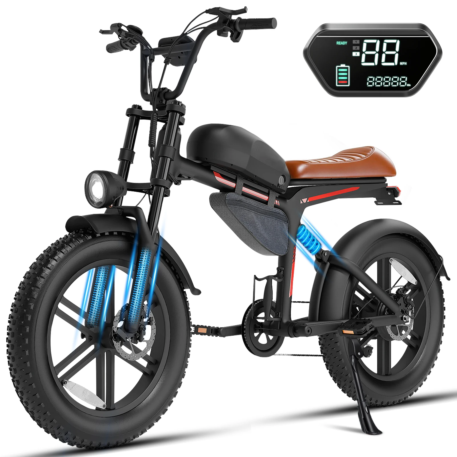 

Электрический велосипед для бездорожья мощностью 1500 Вт, с аккумулятором 48В18Ач, обеспечивающим большой запас хода, максимальная дальность хода 68 миль, скорость 27 миль/ч, 7-скоростной электровелосипед.