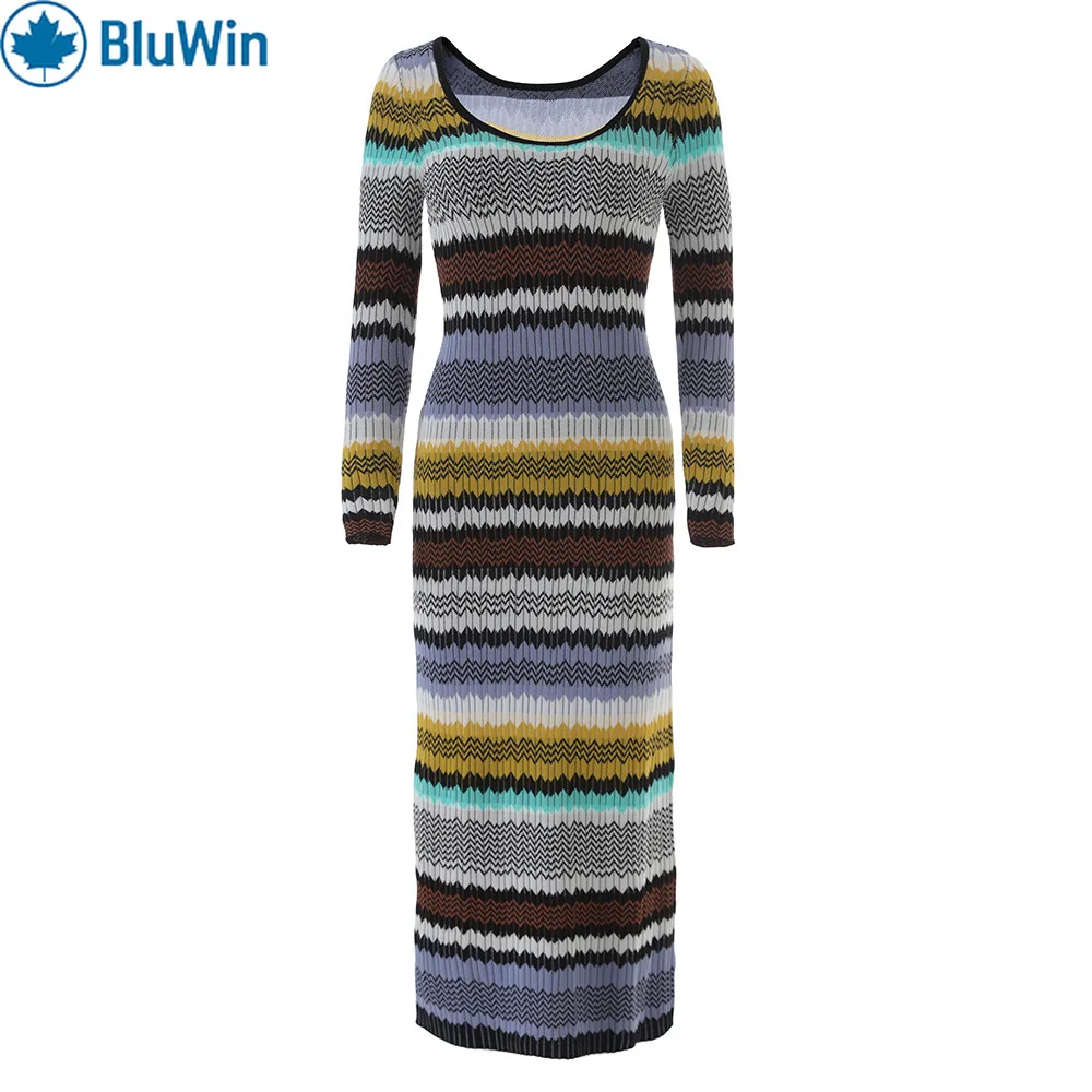 

BluWin Colorful Striped Maxi Dress for Women Deep Scoop Neck Long Sleeve Fitted Knit Elegant Party Resort Travel Outfit