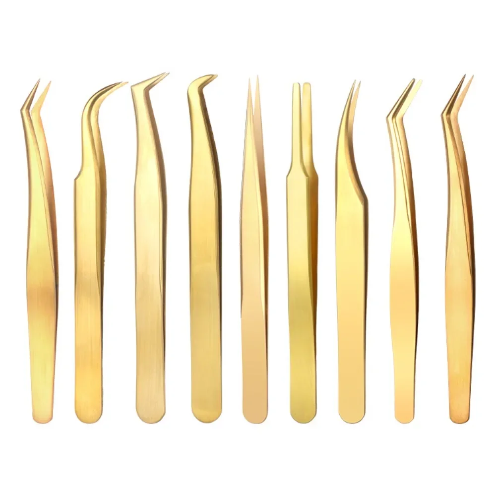 New Stainless Steel Lash Extension Tweezers Anti-Slip Gold Curved Tip Tweezers Straight Tweezers Makeup Accessories