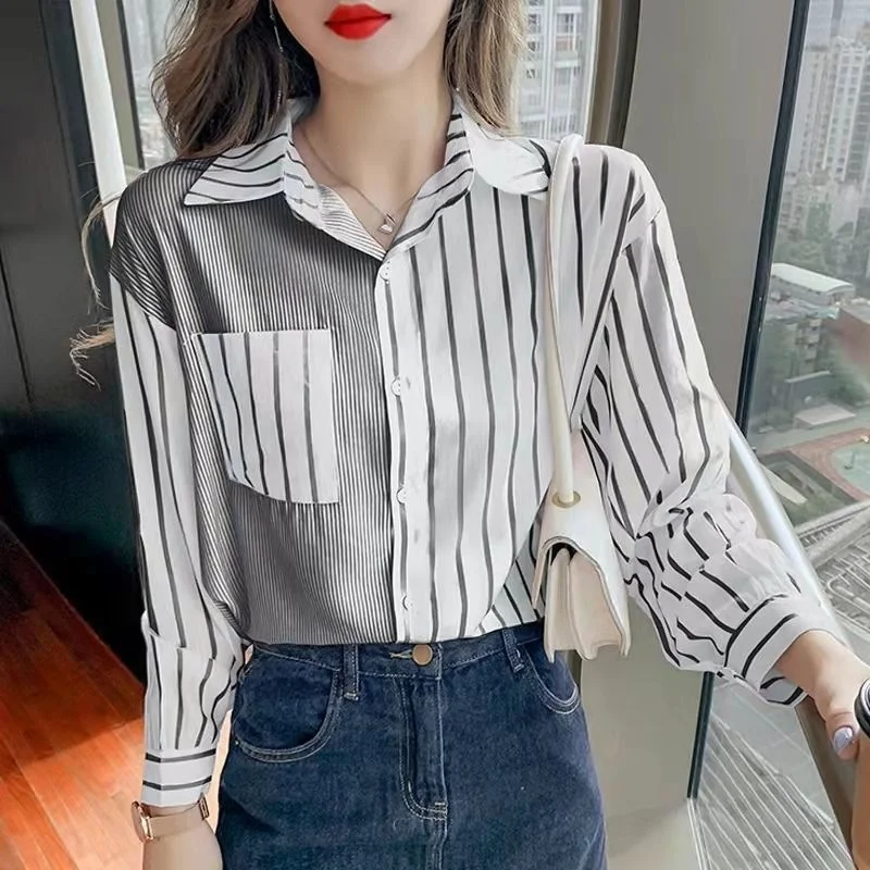 

Striped patchwork Shirt 2026 Spring Autumn New Temperament Lapel Top Women's Lazy Style Fashionable Single Breasted Jacket