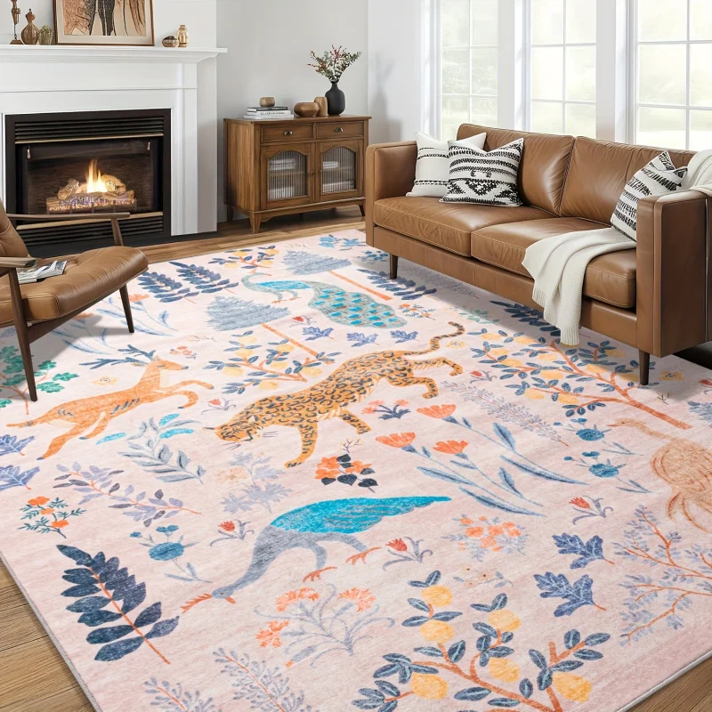 VIKAMA Boho Jungle Animal Area Rug, Vintage Leopard Deer Peacock Large Carpet, Non-Slip Soft Living Room Rug for Bedroom Home