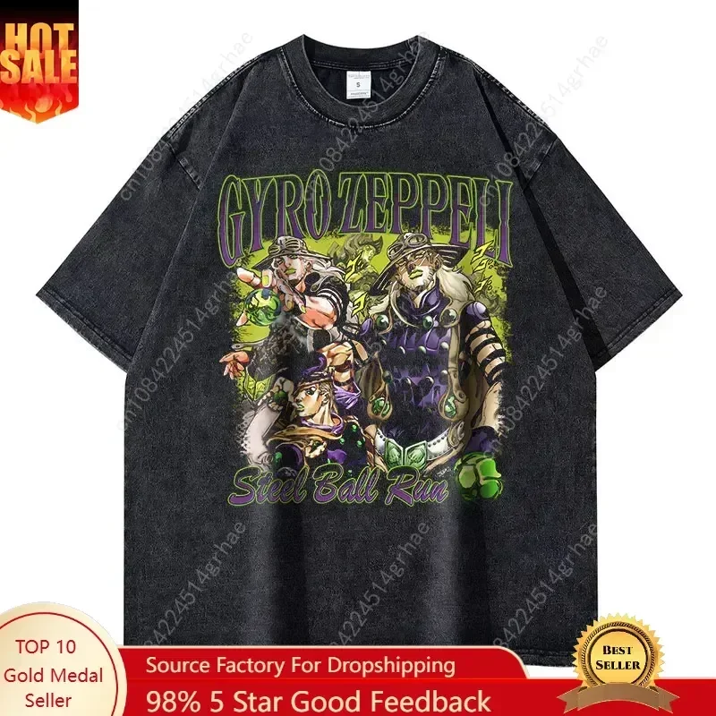 Anime JoJos Vintage Washed Steel Ball Run Short Sleeved Round Neck Y2k Tshirt Men Clothing New in Top & Tees Mens T-Shirt 61393 — купить у AliExpress WW