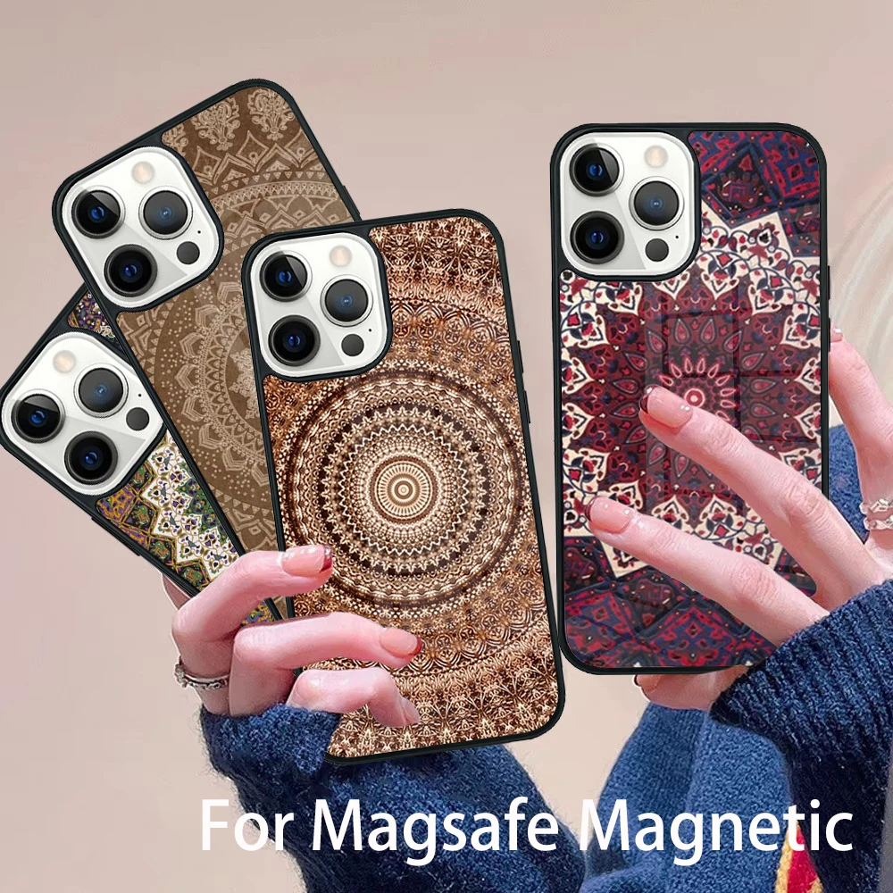 

Indian Mandala Pattern Phone Case Magesafe Magnetic Wireless Charge Cover For IPhone 16 11 12 13 14 15 Pro Max Plus Mini