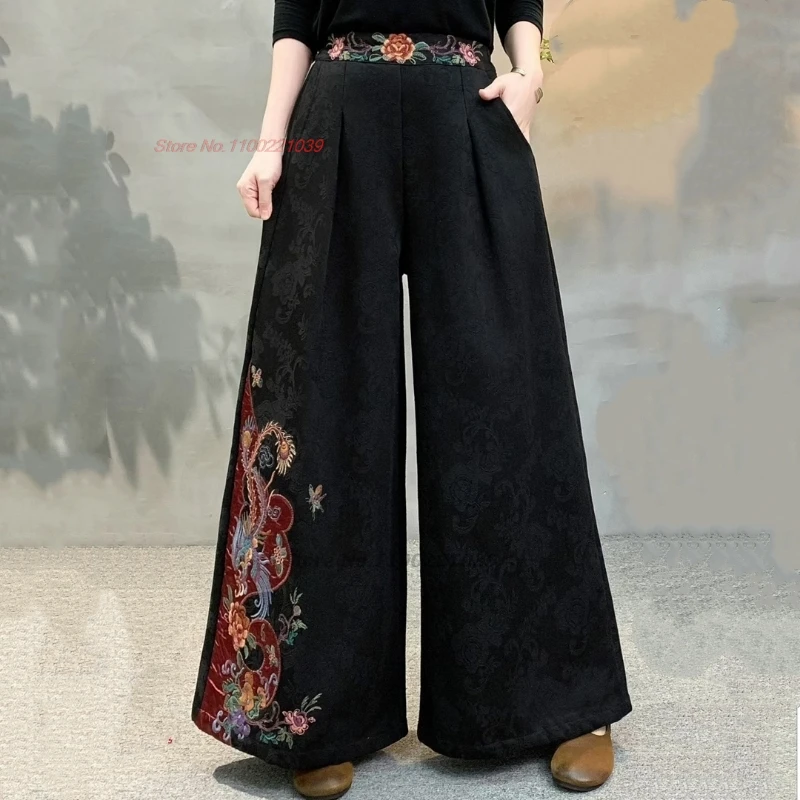 

2025 chinese vintage folk pants cotton linen jacquard fleece lined trousers flower embroidery elastic waist wide leg trousers