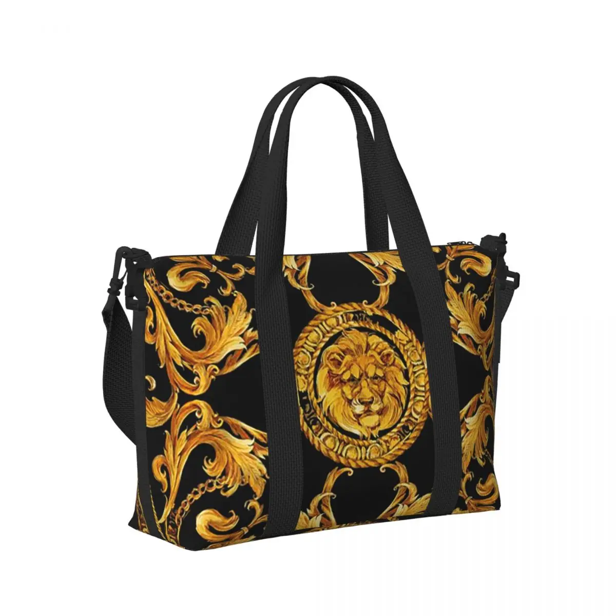 

Пляжная дорожная сумка с золотым львом в стиле барокко, большая вместительная сумка-тоут для тренажерного зала, йоги, женская дорожная сумка для покупок
