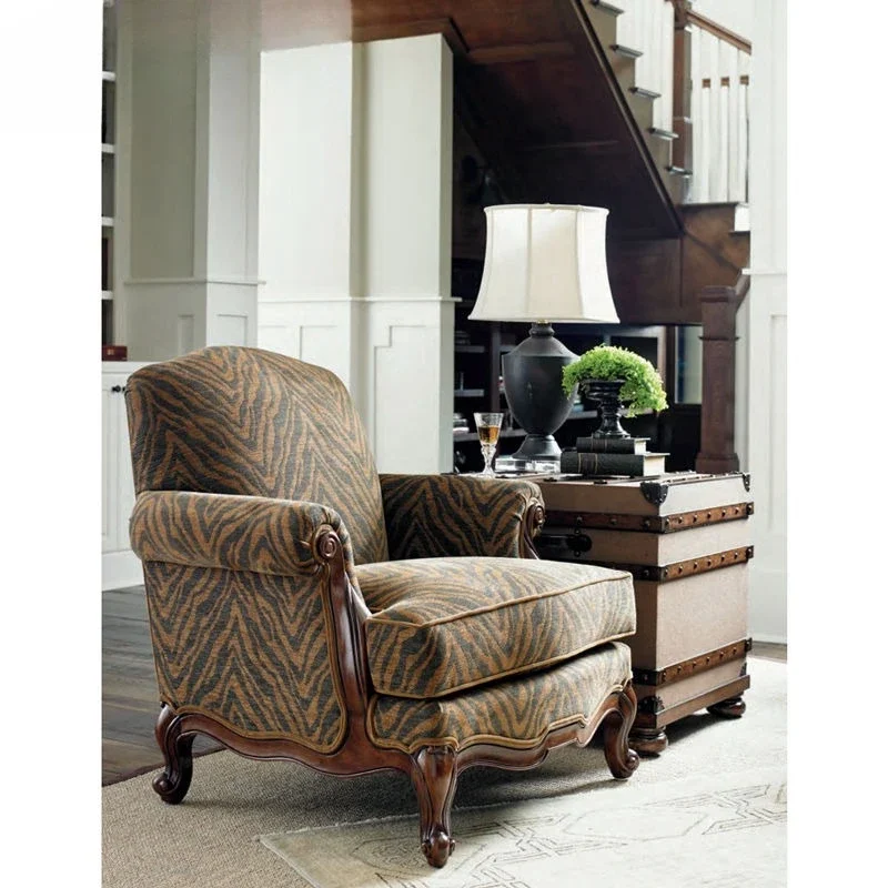 Living room full solid wood leisure tiger chair, study furniture zebra pattern retro, fabric art single seat armrest sofa