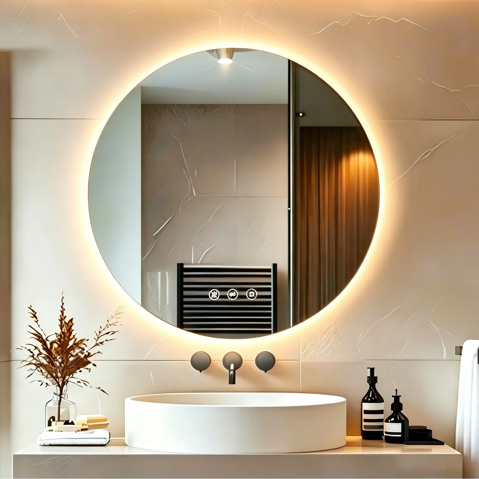 Runder Badezimmerspiegel mit LED Beleuchtung 70cm, Wandspiegel mit 3 Lichtfarben, dimmbar, Touch‑Steuerung, Speicherfunktion, Anti‑Beschlag Funktion, Moderner Bad Spiegel