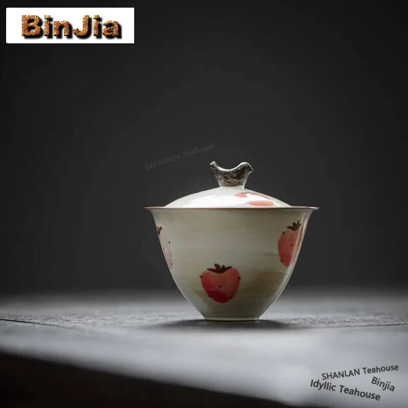 110ml Hand-painted Strawberry Gaiwan Japanese Powder Yin Tea Tureen Ancient Tea Maker Cover Bowl Teaware Accessories Craft Gift
