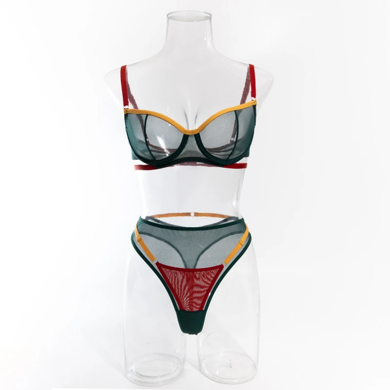 Sexy see-through comfortable mesh bikini with underwire bra and panties two-piece set for women