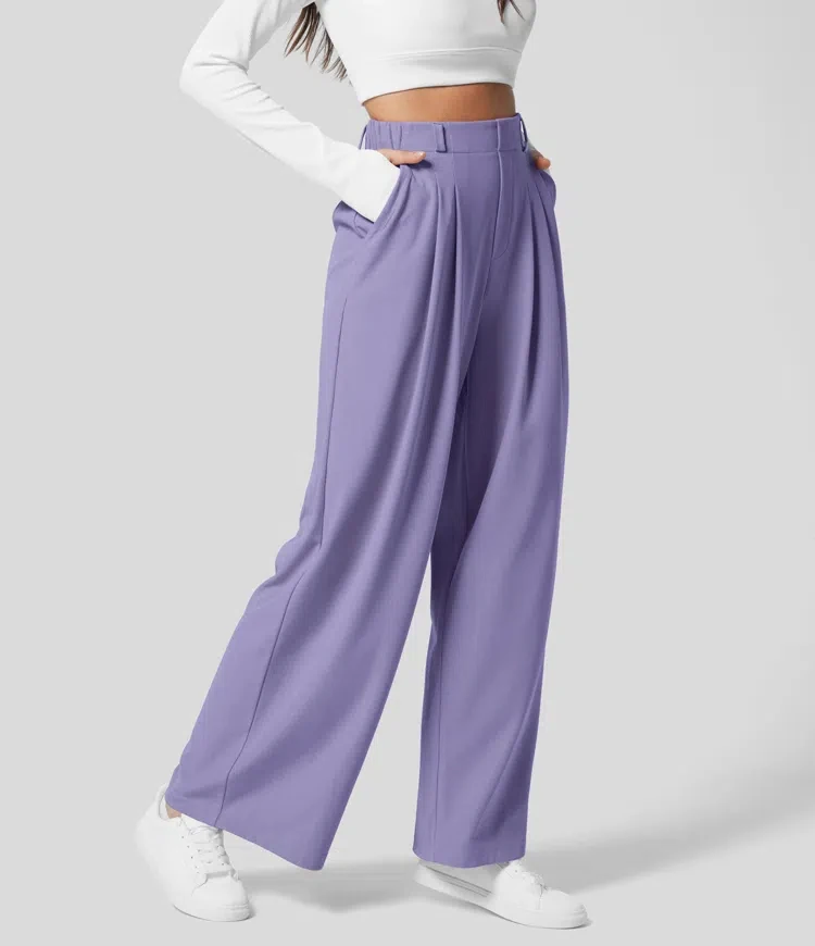 Damenhose, karierte, figurbetonte Hose mit weitem Bein und Taschen, hochtaillierte, lässige, figurbetonte Hose mit weitem Bein für Damen. – Detail 33
