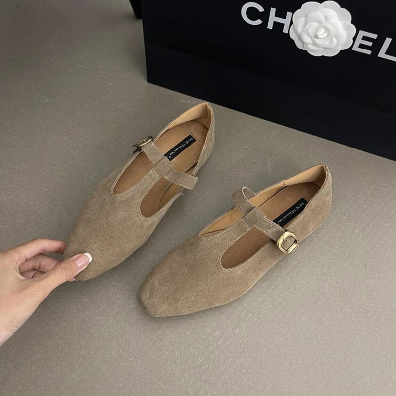 Retro Ugly Cute Mary Jane Square Toe Women Flat Shoes Cow Suede Girl Style Flats Shoes Woman T Style Buckle Flat Shoes Ladies