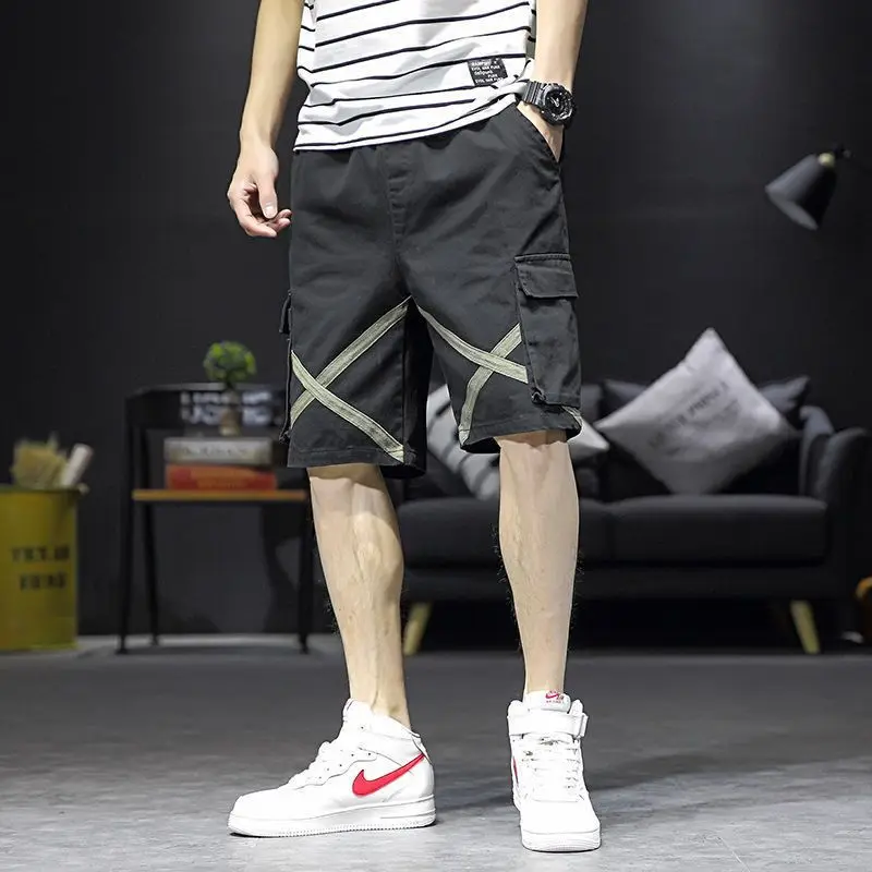 Fashion Loose Elastic Waist Spliced Pockets Bandage Cargo Shorts Men\'s 2024 Summer New Oversized All-match Casual Shorts