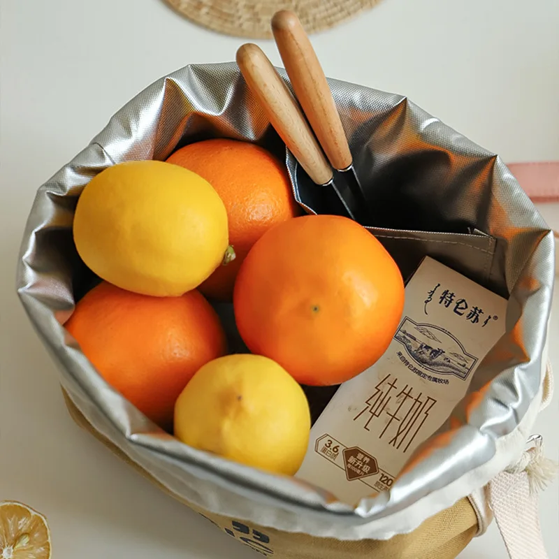 Saco de almoço isolado de lona com cordão japonês engrossar armazenamento de alimentos térmico bento caixa tote refrigerador bolsas para piquenique ao ar livre