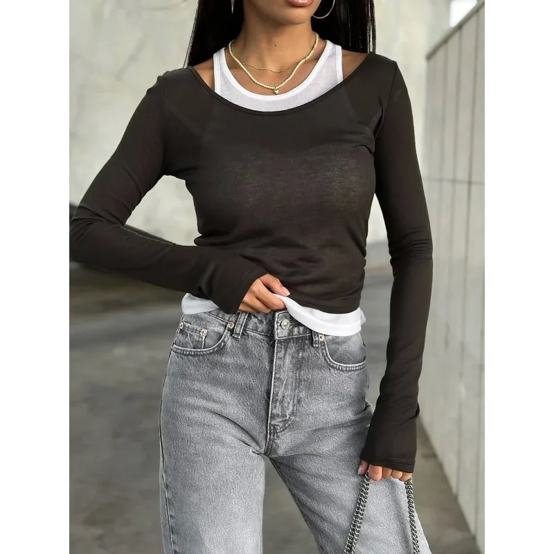 

Новая женская футболка из смешанного модала в стиле пэчворк, облегающая, мягкая, с длинным рукавом, повседневная мода, простой стильный топ