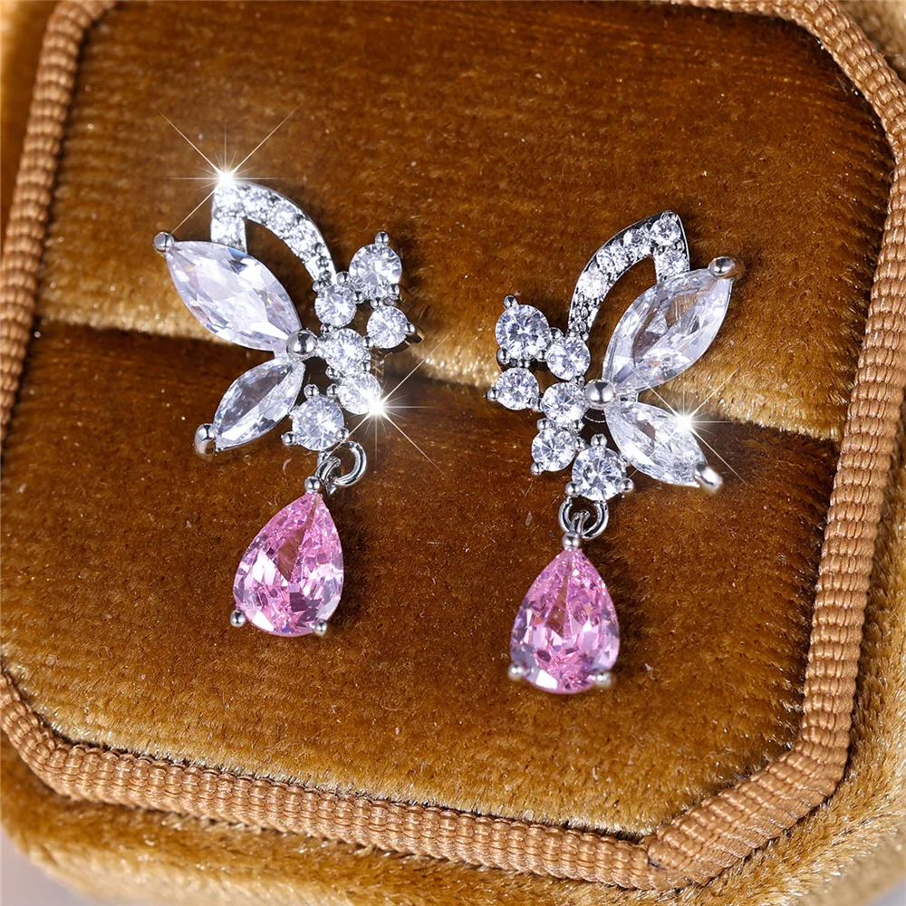 Cute Female Pink Zircon Water Drop Butterfly Stud Earrings Silver Color Wedding Jewelry For Women