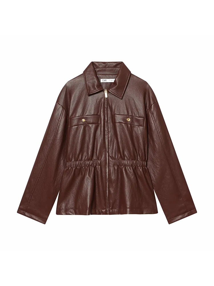 Women's Spring Summer Fashion Short Leather Jacket Artificial Leather Lapel Pockets Urban Streetwear Coat