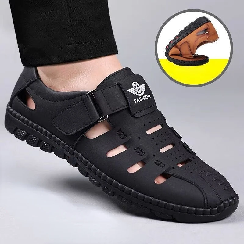 Mens Summer Sandals for Beach Leather Hollow Soft Sandals Non Slip Closed Toe Breathable Quick Drying Hole Shoes sandals for men