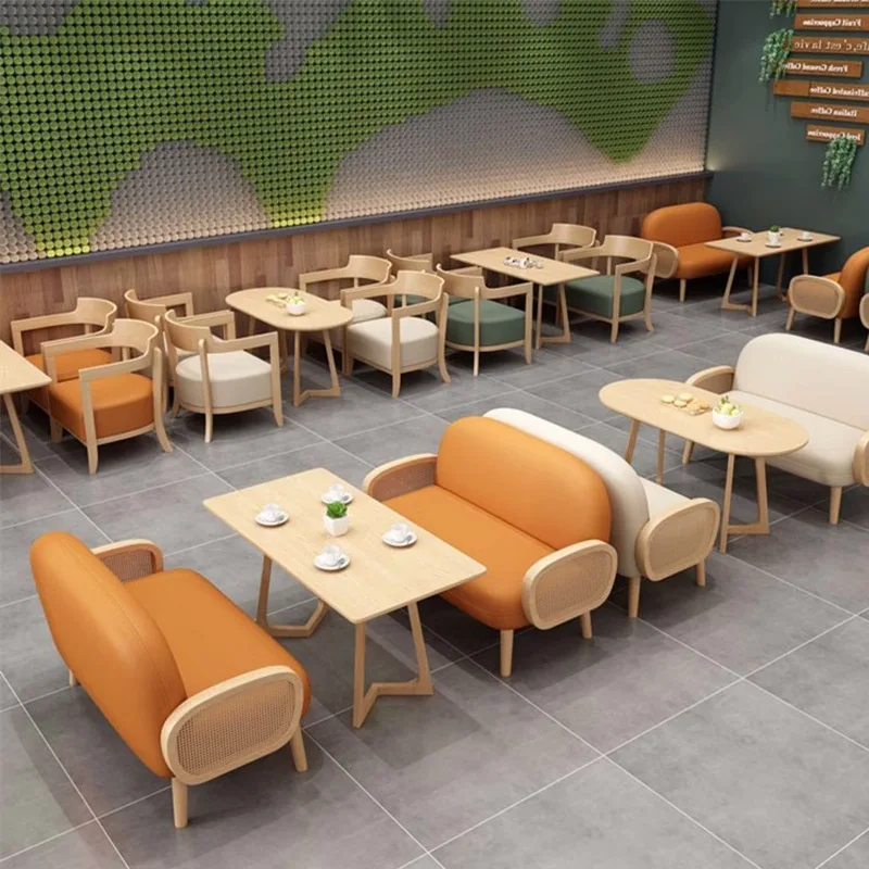 

Milk tea shop library table and chair office negotiation table and chair restaurant casual solid wood coffee table cafe leather