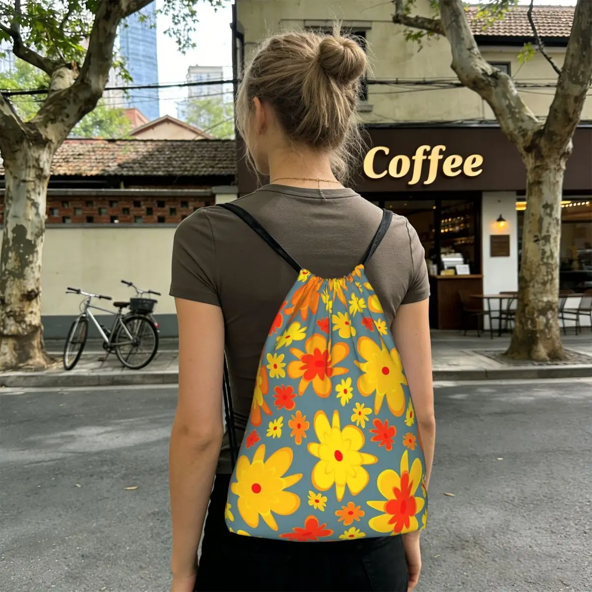 Orange And Yellow Flowers Pattern Backpacks Multi-function Drawstring Bundle Pocket Sports Bag Book Bags for Man Woman Students