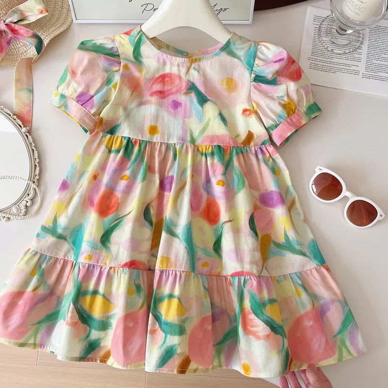 Girls' Summer Dress2024New Children's Girl Short Sleeve Princess Dress Fashion Baby Cotton Skirt