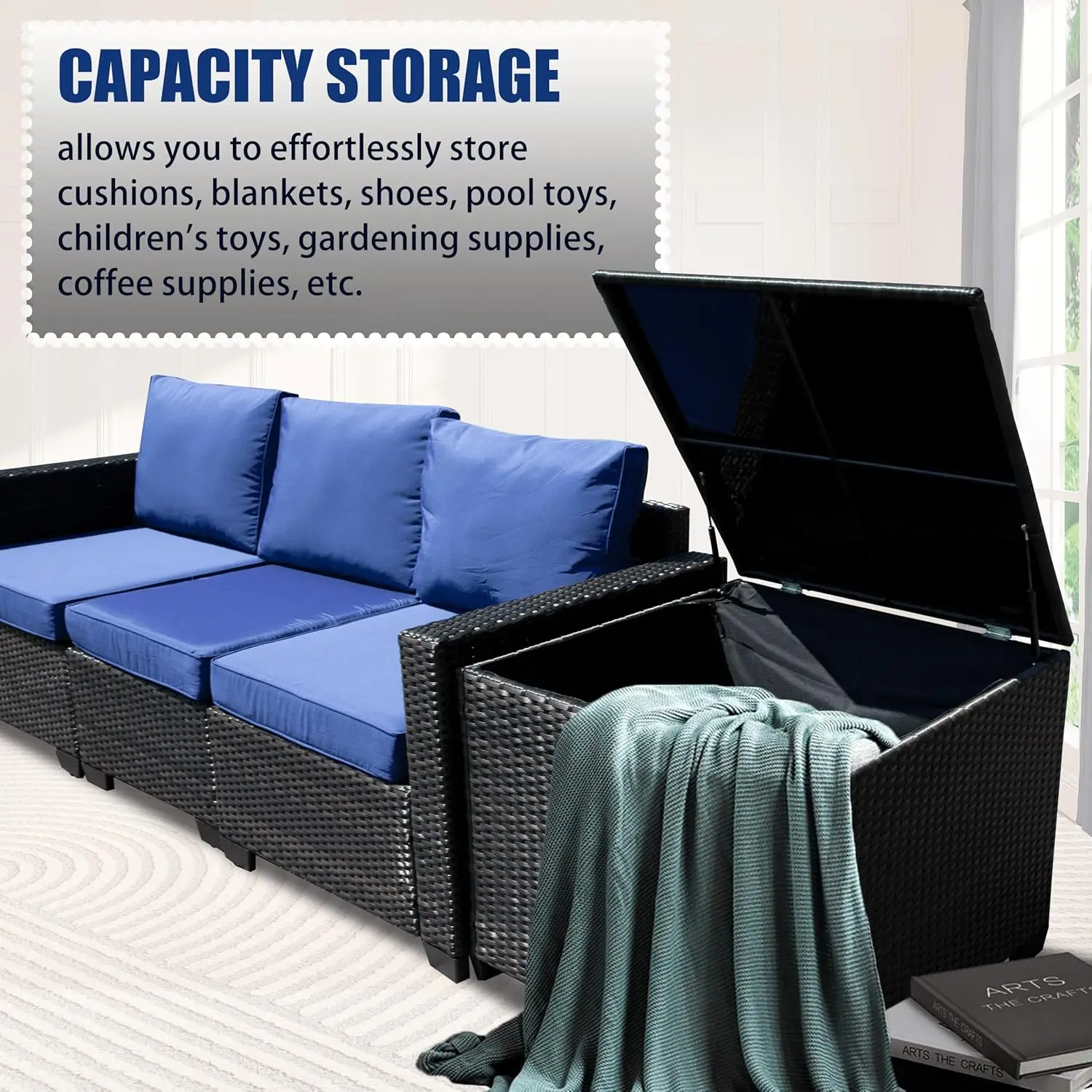 8 Pieces Wicker Patio Table And Chairs Set, Rattan Outdoor Conversation Sets With Hidden Storage & Glass Top Table, Sectional