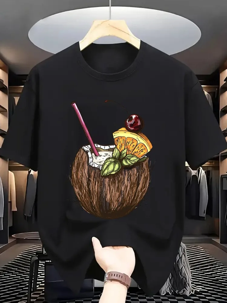 Men Summer Casual Short Sleeve T Shirt Tropical Coconut Cocktail Fruit Graphic Oversized Loose Tees Street Daily Fashion Tops