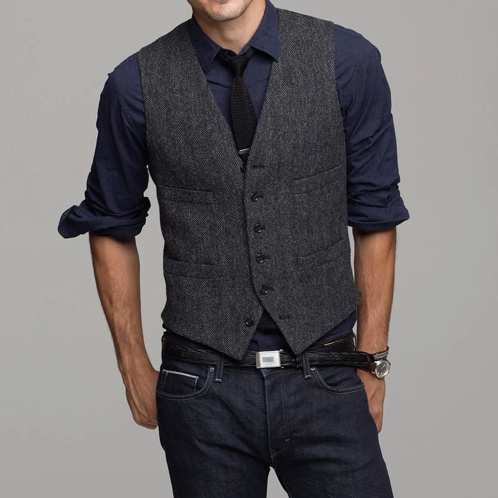 

Casual Suit Vest for Men's Suit V-Neck Vintage Herringbone Fabric Elegant Man Vest Single-Breasted Business Style Classic Suits