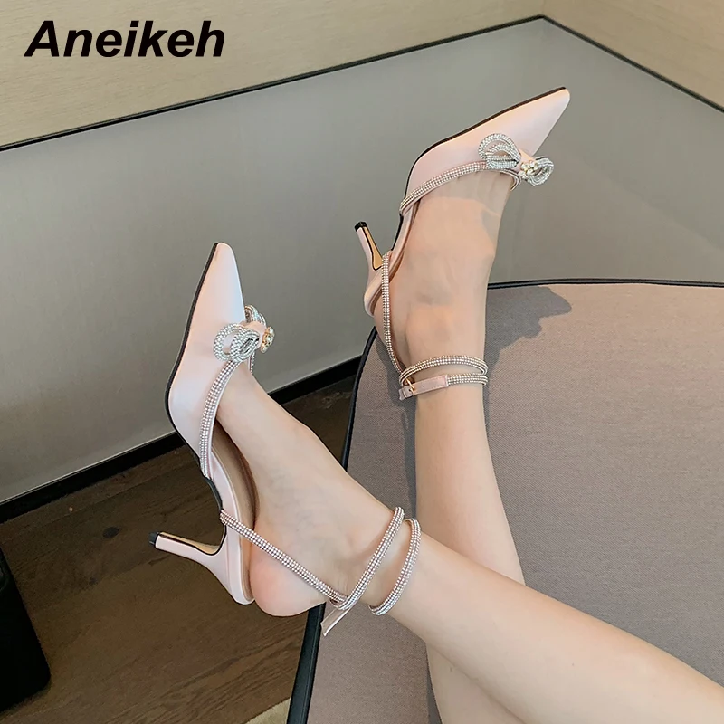 Aneikeh Sexy Pointed Toe High Heel Women Shoes Classics Bling Crystal Butterfly-Knot Decoration Buckle Strap Slingbacks Pumps