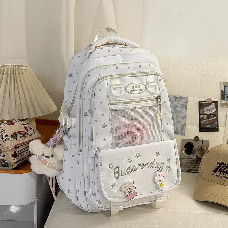 Women's Polka Dot Star Print Canvas Backpack Clear Display Pocket Plush Charm Adjustable Strap Casual Daily School Bag 2026