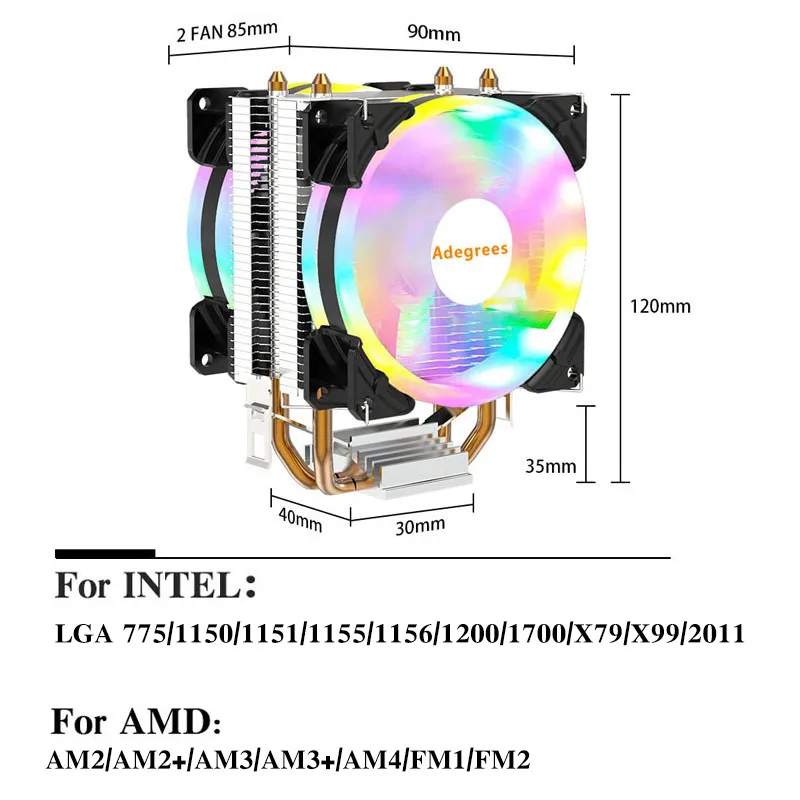 X99 RGB CPU Air-cooled Cooler 2 Heat Pipes PC Radiator Ventilador For Intel LGA 1366 1150 1151 1155 1200 1700 2011 X79 AM5 AM4