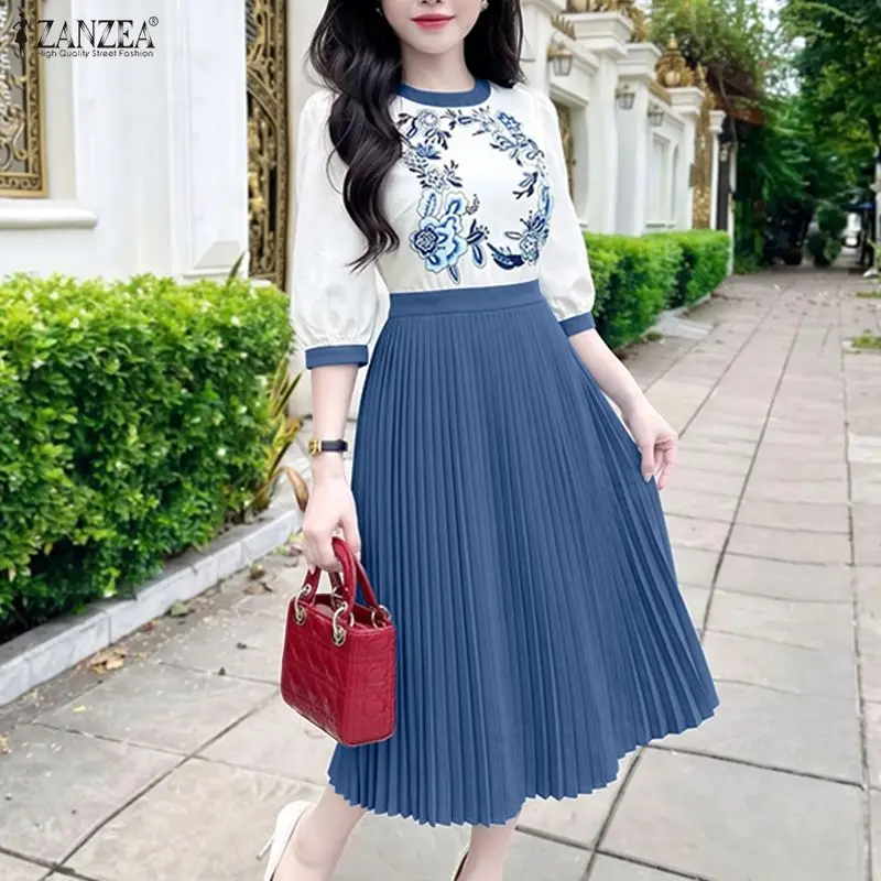 ZANZEA Damen Elegantes Blumenkleid Vintage 3/4-Armel Sommerkleid Hohe Taille Plissiertes A-Linien-Kleid Lässiges Loses Partykleid