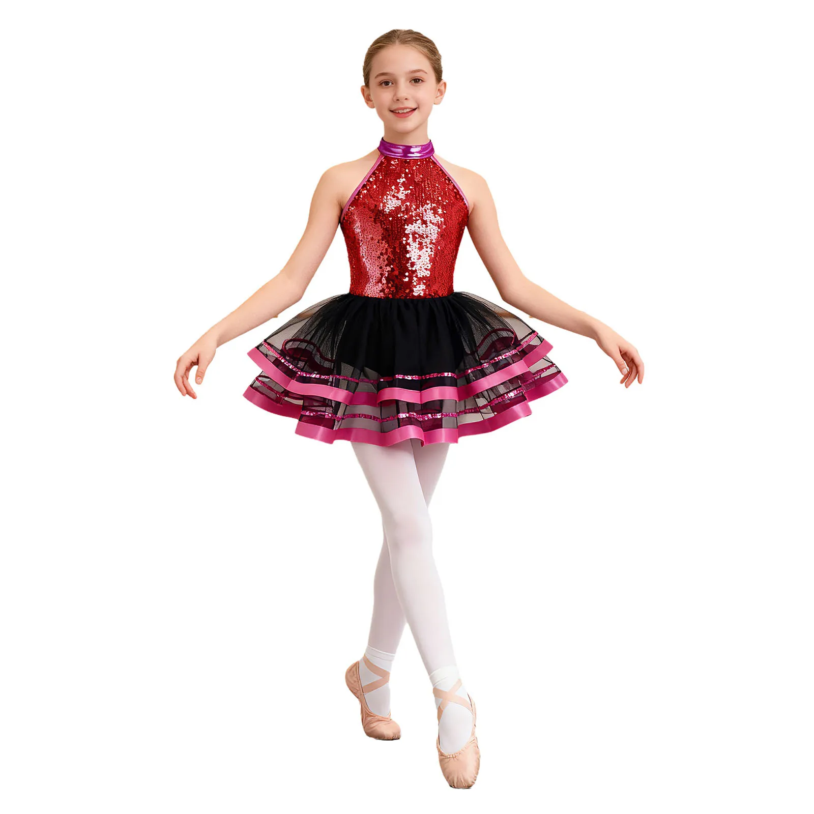

Kids Girls Sparkling Sequins Gymnastics Leotard Princess Ballerina Ballet Tutu Mesh Dance Dress Latin Dance Performance Costumes